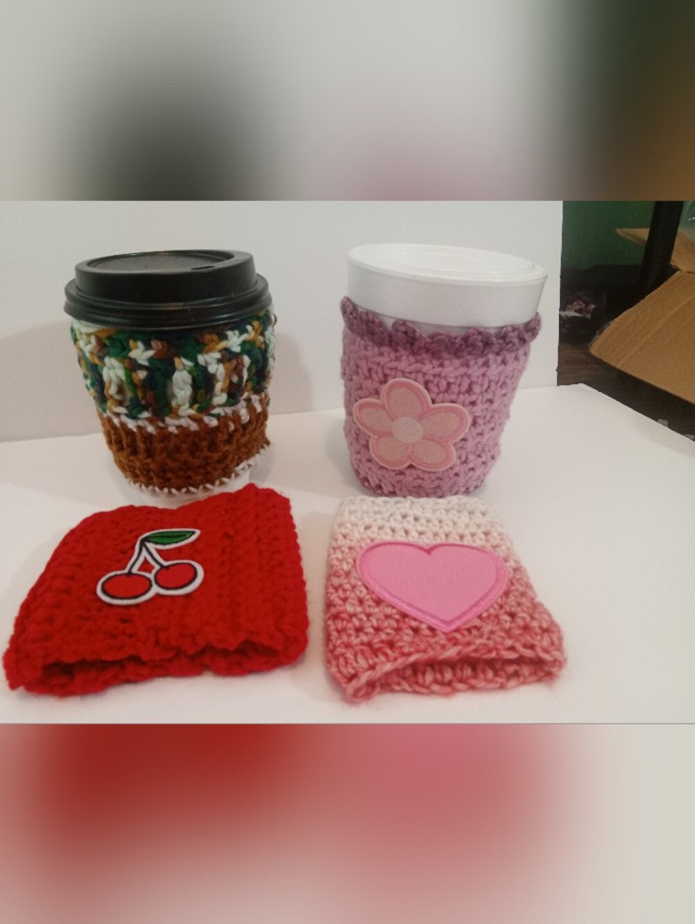 Cup Koozie set of 4.  Handmade Crochet Cup Cozy Set - Pink, Red, Multicolor